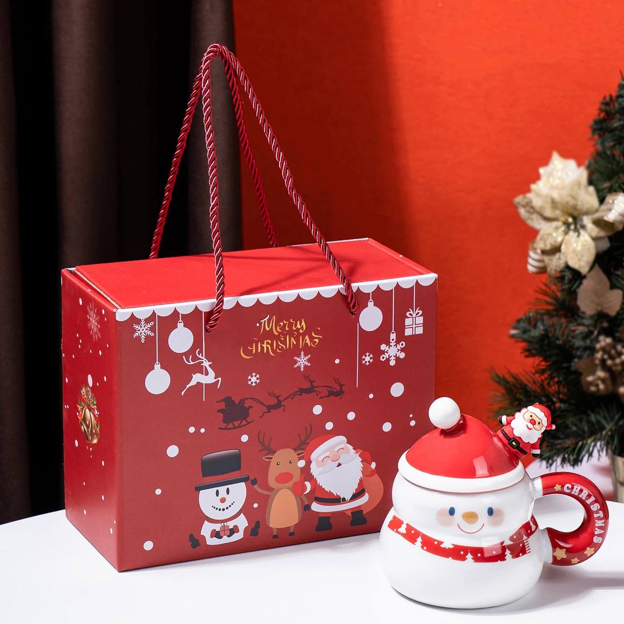 Christmas Ceramic Mug Gift Set with Lid & Spoon – 500ml Santa & Snowman Holiday Cup in Gift Box