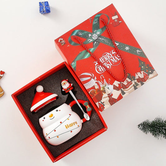 Christmas Ceramic Mug Gift Set with Lid & Spoon – 500ml Santa & Snowman Holiday Cup in Gift Box